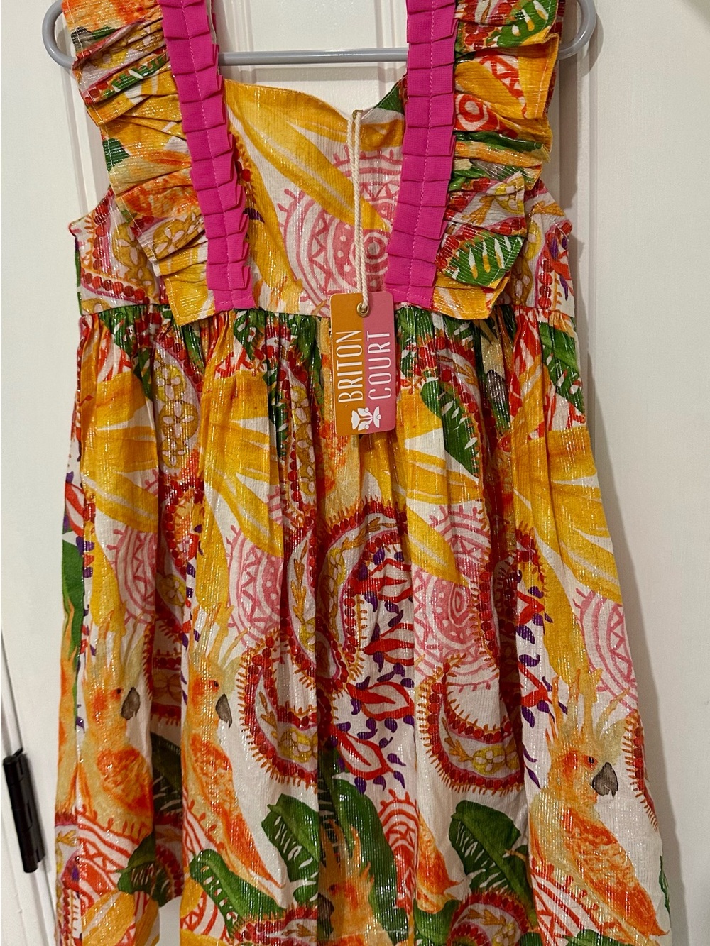 Briton Court Girls' Yellow Tropical Print Dress with Pink Trim